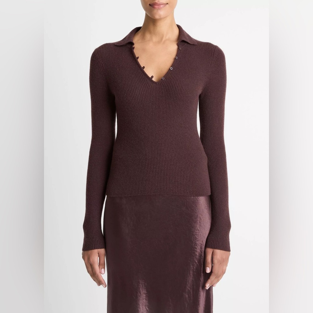 Vince Ribbed Cashmere-Silk Polo Sweater in Fig
